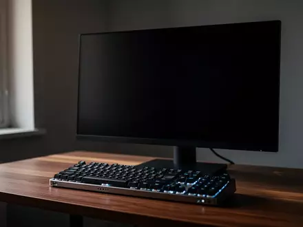 Ein minimalistischer Arbeitsplatz mit einer mechanischen Tastatur und einem dunklen Bildschirm auf einem Holztisch. - Foto: über boerse-global.de