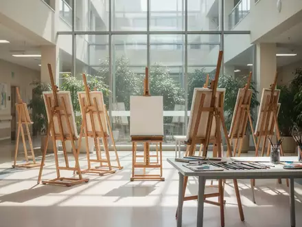 Ein lichtdurchflutetes Klinik-Atrium mit leeren Kunsttherapie-Staffeleien und Pflanzen in einer ruhigen, unterstützenden Umgebung. - Foto: über boerse-global.de