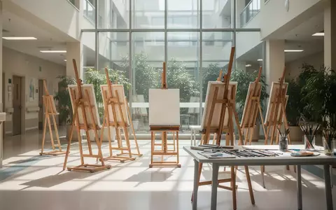 Ein lichtdurchflutetes Klinik-Atrium mit leeren Kunsttherapie-Staffeleien und Pflanzen in einer ruhigen, unterstützenden Umgebung. - Foto: über boerse-global.de