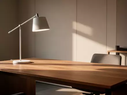 Ein minimalistischer, moderner Arbeitsplatz mit einem Holztisch und einer ausgeschalteten Schreibtischlampe. - Foto: über boerse-global.de