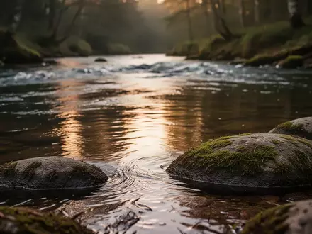 Ein ruhiger, fließender Fluss in einem Wald bei Morgendämmerung, der symbolisch für die unbemerkten, schleichenden Prozesse im Körper steht. - Foto: über boerse-global.de