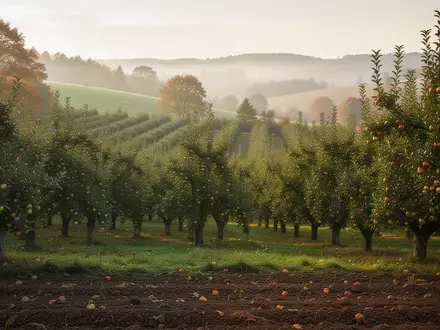 Ein weitläufiger Bio-Apfelgarten mit reifen Früchten an den Bäumen in der Morgensonne. - Foto: über boerse-global.de