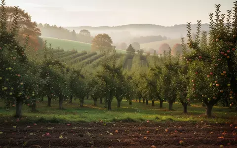 Ein weitläufiger Bio-Apfelgarten mit reifen Früchten an den Bäumen in der Morgensonne. - Foto: über boerse-global.de
