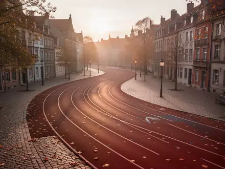 Eine leere Laufstrecke in einer historischen Innenstadt bei Sonnenaufgang mit herbstlichem Licht. - Foto: über boerse-global.de