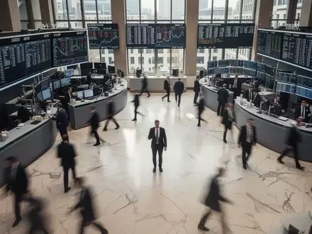 Blick auf das Parkett der Frankfurter Wertpapierbörse mit verschwommenen Personen in einer ruhigen Handelssituation. - Foto: über boerse-global.de