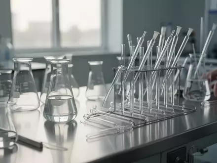 Laborausrüstung mit Glasbechern und Pipetten auf einem Edelstahltisch in einer sterilen Umgebung. - Foto: über boerse-global.de