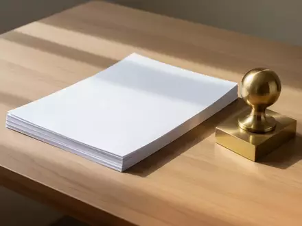 Ein ordentlicher, leerer Schreibtisch mit einem Stapel weißem Papier und einem Briefbeschwerer aus Messing bei natürlichem Licht. - Foto: über boerse-global.de
