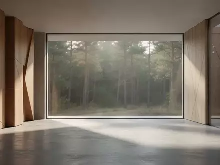 Ein minimalistischer, moderner Innenraum mit klaren Linien, hellem Holz und einer großen Fensterfront mit Blick ins Grüne. - Foto: über boerse-global.de