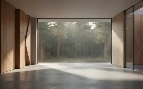 Ein minimalistischer, moderner Innenraum mit klaren Linien, hellem Holz und einer großen Fensterfront mit Blick ins Grüne. - Foto: über boerse-global.de