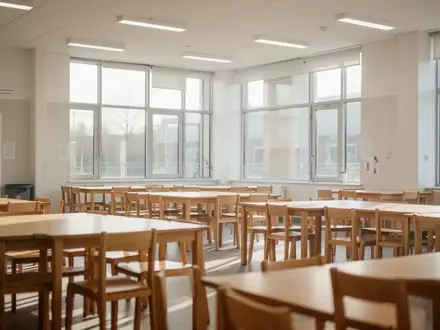 Ein heller, moderner Speiseraum in einer Schule mit Holztischen und Stühlen bei natürlichem Tageslicht. - Foto: über boerse-global.de