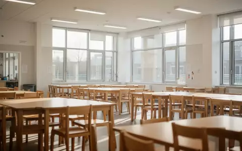 Ein heller, moderner Speiseraum in einer Schule mit Holztischen und Stühlen bei natürlichem Tageslicht. - Foto: über boerse-global.de