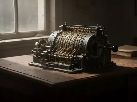 Eine historische mechanische Chiffriermaschine auf einem Holztisch in einem schummrigen Raum. - Foto: über boerse-global.de