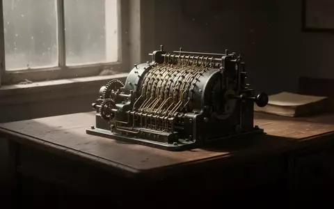 Eine historische mechanische Chiffriermaschine auf einem Holztisch in einem schummrigen Raum. - Foto: über boerse-global.de