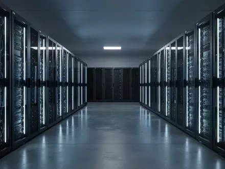 Ein moderner, minimalistischer Serverraum mit symmetrisch angeordneten, dunkelmetallischen Server-Racks in kühlem blauen Licht. - Foto: über boerse-global.de