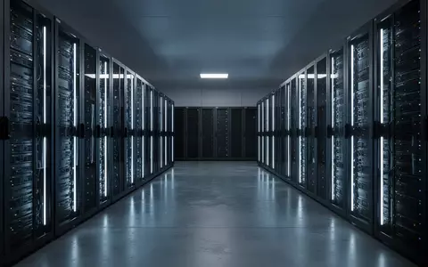 Ein moderner, minimalistischer Serverraum mit symmetrisch angeordneten, dunkelmetallischen Server-Racks in kĂĽhlem blauen Licht. - Foto: ĂĽber boerse-global.de