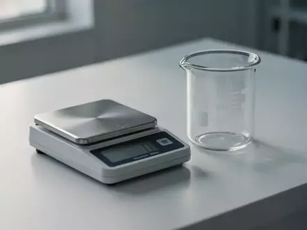 Eine leere Präzisionswaage und ein Glasbecher auf einer sauberen, hellen Oberfläche in einem sterilen Laborumfeld. - Foto: über boerse-global.de