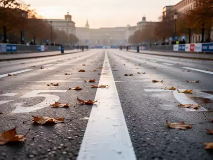 Eine leere, nasse Marathonstrecke in Berlin bei Sonnenaufgang mit weißen Bodenmarkierungen und herbstlichem Licht. - Foto: über boerse-global.de