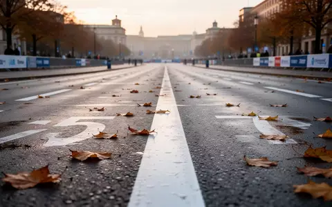 Eine leere, nasse Marathonstrecke in Berlin bei Sonnenaufgang mit weißen Bodenmarkierungen und herbstlichem Licht. - Foto: über boerse-global.de