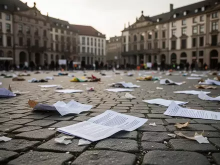 Ein verwaister öffentlicher Platz in einer deutschen Stadt nach einer Großdemonstration mit vereinzelten Papierresten auf dem Boden. - Foto: über boerse-global.de
