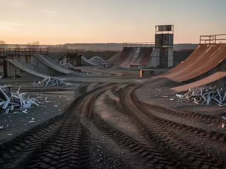 Ein raues, industrielles Testgelände in der Abenddämmerung mit Reifenspuren, Metallschrott und Betonrampen für Sprünge. - Foto: über boerse-global.de
