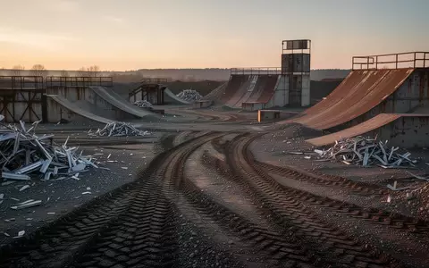 Ein raues, industrielles Testgelände in der Abenddämmerung mit Reifenspuren, Metallschrott und Betonrampen für Sprünge. - Foto: über boerse-global.de