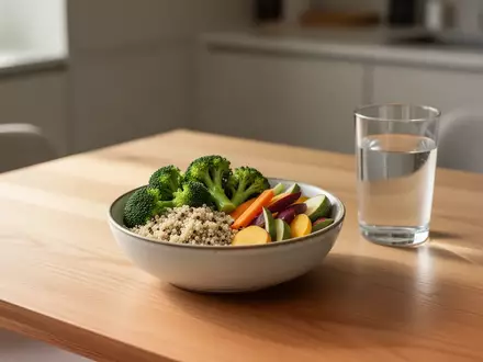 Ein minimalistisch gedeckter Esstisch mit einer Schale voll frischem Gemüse und gesundem Essen in einer hellen, modernen Küche. - Foto: über boerse-global.de