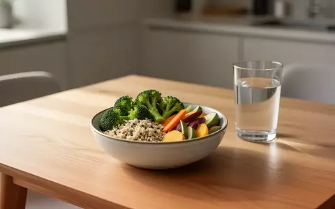 Ein minimalistisch gedeckter Esstisch mit einer Schale voll frischem Gemüse und gesundem Essen in einer hellen, modernen Küche. - Foto: über boerse-global.de