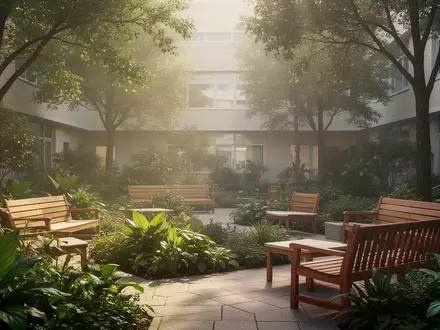 Ein sonnendurchfluteter, ruhiger Garten in einer Klinik mit grĂĽnen Pflanzen und Sitzgelegenheiten zur Erholung. - Foto: ĂĽber boerse-global.de