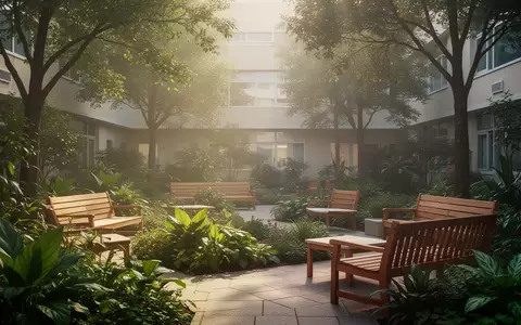 Ein sonnendurchfluteter, ruhiger Garten in einer Klinik mit grünen Pflanzen und Sitzgelegenheiten zur Erholung. - Foto: über boerse-global.de