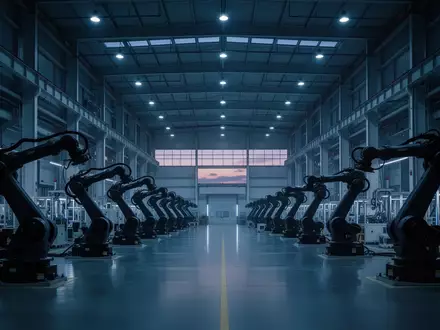 Eine moderne, weitläufige Industriehalle mit automatisierten Roboterarmen in einer minimalistischen Fabrikumgebung. - Foto: über boerse-global.de