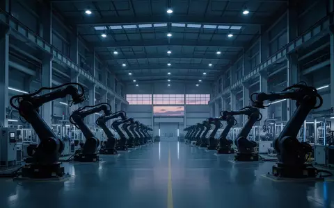 Eine moderne, weitläufige Industriehalle mit automatisierten Roboterarmen in einer minimalistischen Fabrikumgebung. - Foto: über boerse-global.de