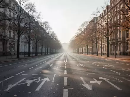 Eine leere, breite Asphaltstraße in Berlin mit Markierungen auf dem Boden bei natürlichem Morgenlicht. - Foto: über boerse-global.de