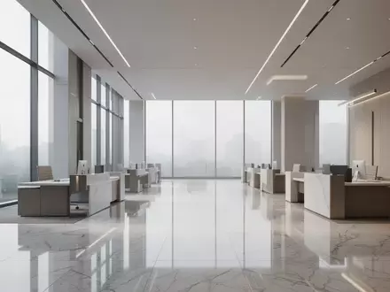 Ein minimalistischer, moderner Innenraum eines Bankgebäudes mit polierten Marmorböden und architektonischen Linien bei natürlichem Licht. - Foto: über boerse-global.de