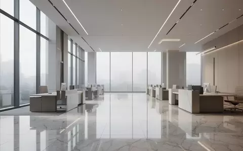 Ein minimalistischer, moderner Innenraum eines Bankgebäudes mit polierten Marmorböden und architektonischen Linien bei natürlichem Licht. - Foto: über boerse-global.de