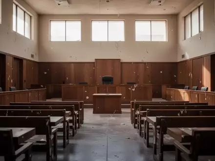 Ein leerer, minimalistischer Gerichtssaal in New Mexico mit Holzelementen und natürlichem Lichteinfall. - Foto: über boerse-global.de