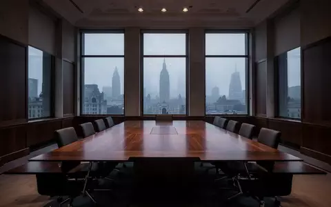 Ein leerer Konferenztisch in einem schlichten, architektonisch gestalteten Regierungsgebäude bei Dämmerung. - Foto: über boerse-global.de