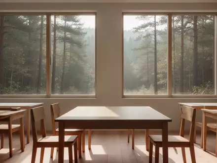 Ein heller, minimalistischer Klassenraum mit Holztischen und Blick auf einen ruhigen Wald, der eine Atmosphäre von Ruhe und Ausgeglichenheit vermittelt. - Foto: über boerse-global.de