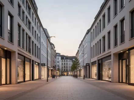 Eine leere, moderne Straßenszene in einer deutschen Stadt bei Dämmerung mit neutralen Gebäudefassaden. - Foto: über boerse-global.de