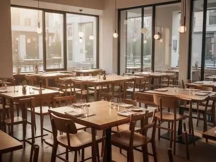 Ein leerer Gastraum in einem Restaurant mit Holztischen und StĂĽhlen in hellem Tageslicht. - Foto: ĂĽber boerse-global.de