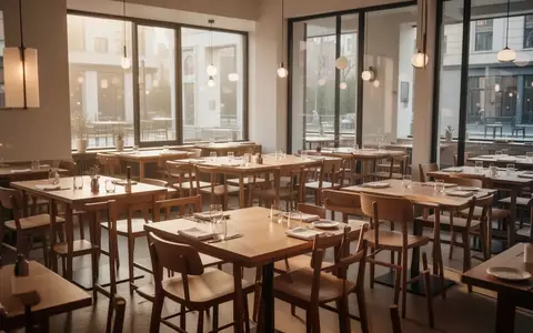 Ein leerer Gastraum in einem Restaurant mit Holztischen und Stühlen in hellem Tageslicht. - Foto: über boerse-global.de