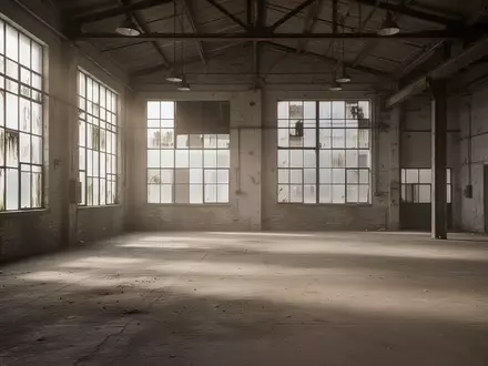 Eine leerstehende, verlassene Industriehalle mit staubigem Betonboden und kühlem Lichteinfall durch große Fenster. - Foto: über boerse-global.de