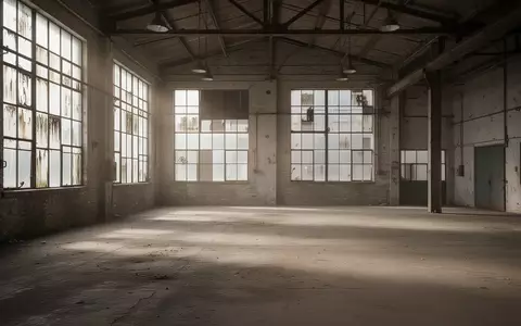 Eine leerstehende, verlassene Industriehalle mit staubigem Betonboden und kühlem Lichteinfall durch große Fenster. - Foto: über boerse-global.de