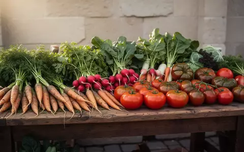 Ein hölzerner Markttisch mit einer vielfältigen Auswahl an frischem, saisonalem Gemüse in natürlichem Licht. - Foto: über boerse-global.de