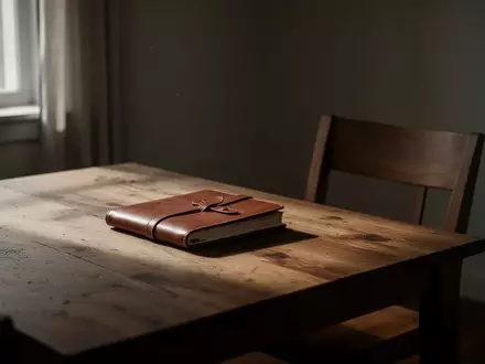 Ein ruhiger, leerer Wohnbereich mit einem Holztisch und einem geschlossenen Notizbuch in gedimmtem Licht. - Foto: über boerse-global.de