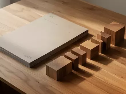 Ein minimalistischer Arbeitsplatz mit leeren Dokumenten und geometrischen Holzblöcken auf einem Holztisch bei natürlichem Licht. - Foto: über boerse-global.de