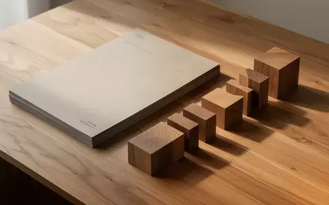 Ein minimalistischer Arbeitsplatz mit leeren Dokumenten und geometrischen Holzblöcken auf einem Holztisch bei natürlichem Licht. - Foto: über boerse-global.de