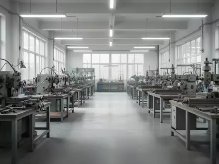 Leere, aufgeräumte Werkstatt einer Berufsschule mit Industriemaschinen und Werkbänken bei natürlichem Tageslicht. - Foto: über boerse-global.de