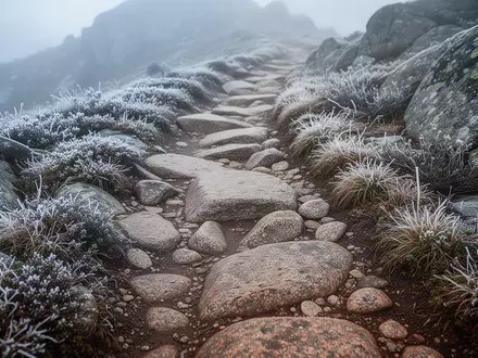 Ein rauer, gewundener Bergpfad aus Granitfelsen mit leichtem morgendlichem Frost in einer alpinen Umgebung. - Foto: über boerse-global.de