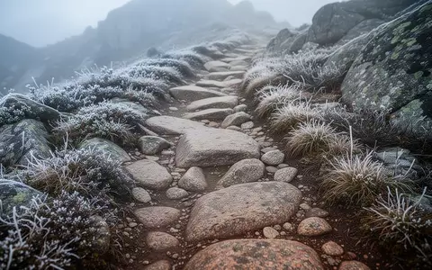 Ein rauer, gewundener Bergpfad aus Granitfelsen mit leichtem morgendlichem Frost in einer alpinen Umgebung. - Foto: über boerse-global.de