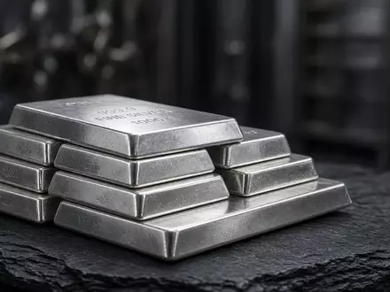Gestapelte Silberbarren auf einer dunklen Schieferplatte bei gedimmter, natürlicher Beleuchtung. - Foto: über boerse-global.de